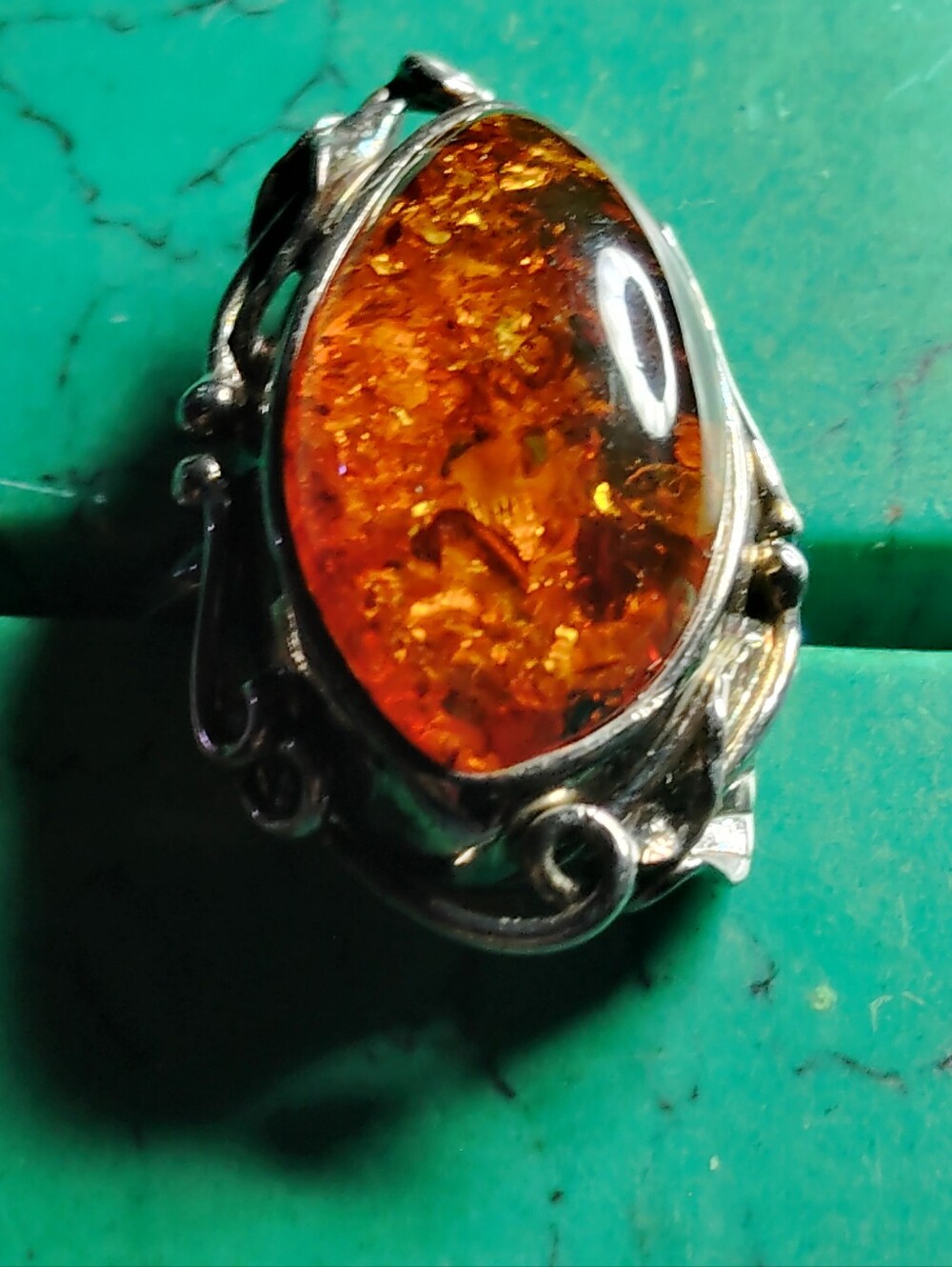 🔥GORGEOUS BALTIC AMBER ELONGATED, & ORNATE SOLID STERLING SILVER RING. SIZE. 6